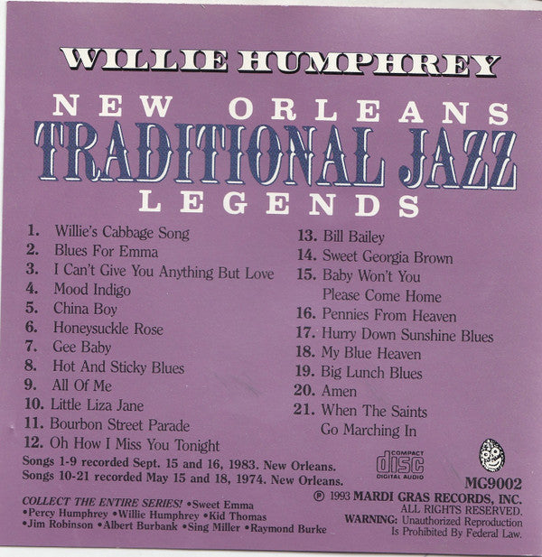 Willie Humphrey : New Orleans Traditional Jazz Legends Vol. 2 (CD)