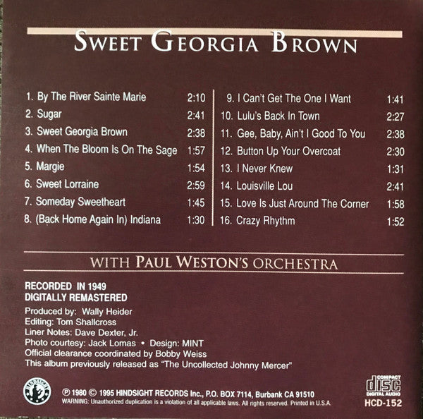 Johnny Mercer With Paul Weston's Orchestra* : Sweet Georgia Brown (CD, Comp)