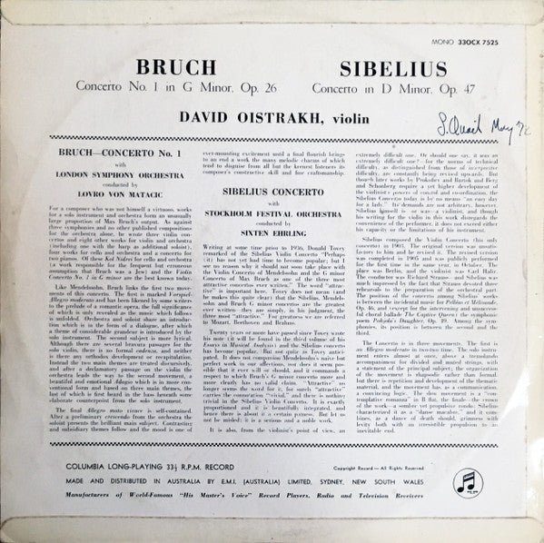 Max Bruch / Jean Sibelius - David Oistrach : Bruch Concerto No 1 / Sibelius Concerto (LP, Comp, Mono)