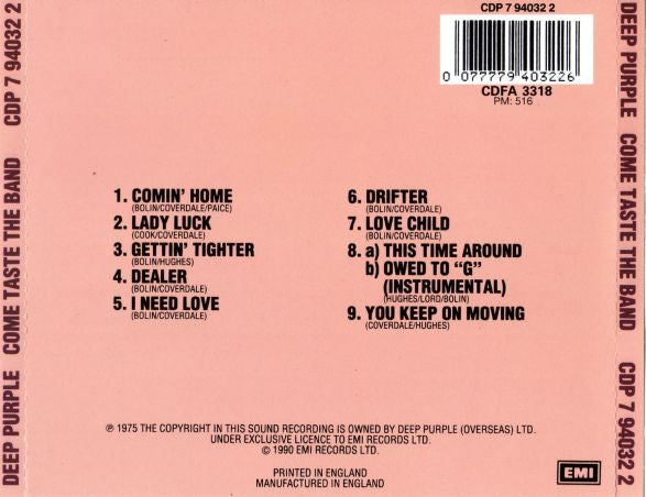 Deep Purple : Come Taste The Band (CD, Album, RP)