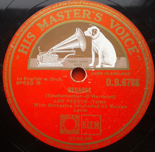 Jan Peerce : Because / Bluebird Of Happiness (Shellac, 12")