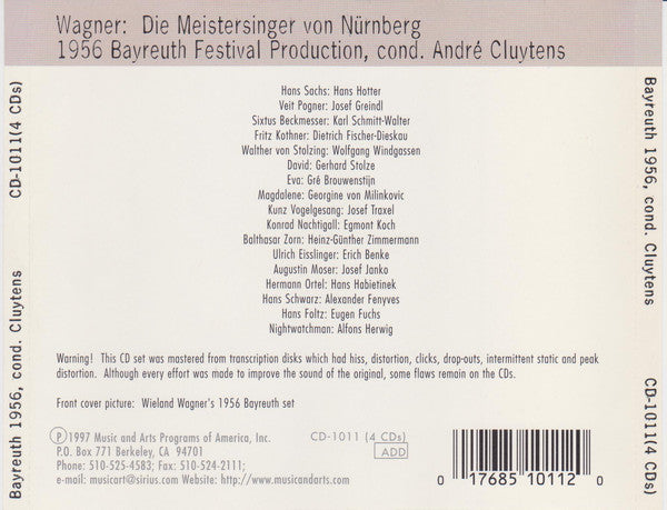 Richard Wagner Cond. André Cluytens : Die Meistersinger Von Nürnberg - 1956 Bayreuth Festival (Live) (4xCD, Album, Mono, RM + Box)