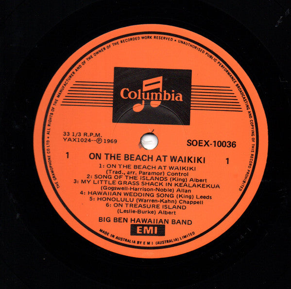 Big Ben Hawaiian Band : On The Beach At Waikiki (LP, Album, Club, RE, Ora)