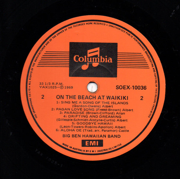 Big Ben Hawaiian Band : On The Beach At Waikiki (LP, Album, Club, RE, Ora)