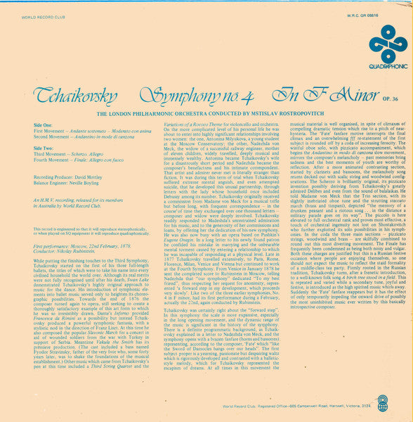 Pyotr Ilyich Tchaikovsky : Symphony No. 4 In F Minor, Op. 36 (LP, Album, Quad, Club)