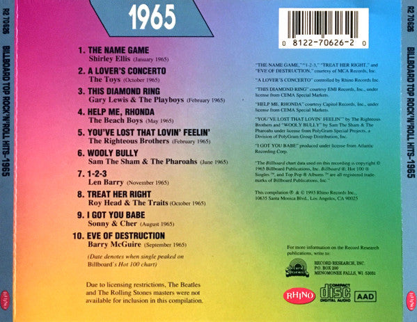 Various : Billboard Top Rock'n'Roll Hits - 1965 (CD, Comp, RE)