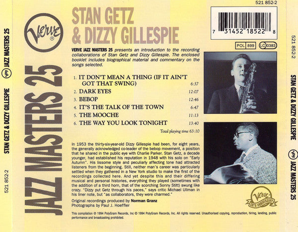 Stan Getz & Dizzy Gillespie : Verve Jazz Masters 25  (CD, Comp)