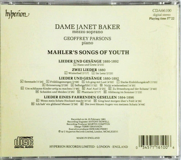 Mahler* - Dame Janet Baker*, Geoffrey Parsons (2) : Mahler's Songs Of Youth (CD, RE)