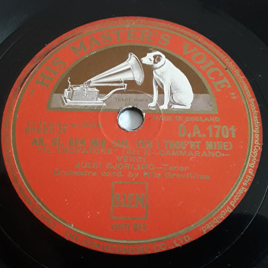 Jussi Björling Orchestra Cond. By Nila Grévillus : Ah, Si, Ben Mio / Di Quella Pira (Shellac, 10", RP, DT)