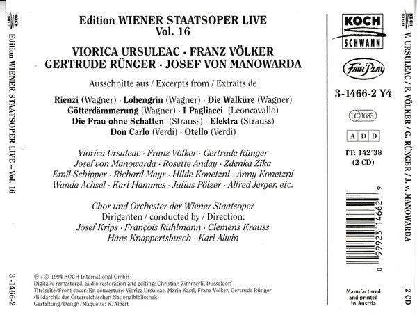 Viorica Ursuleac, Franz Völker, Gertrude Rünger, Josef von Manowarda : Leoncavallo, Strauss,  Wagner,  Verdi (1933-1941) - Edition Wiener Staatsoper Live Vol. 16 (2xCD, Comp, Mono, RM)