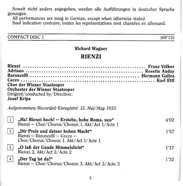 Viorica Ursuleac, Franz Völker, Gertrude Rünger, Josef von Manowarda : Leoncavallo, Strauss,  Wagner,  Verdi (1933-1941) - Edition Wiener Staatsoper Live Vol. 16 (2xCD, Comp, Mono, RM)