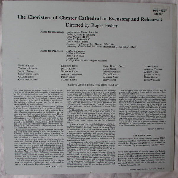 Chester Cathedral Choir : The Choristers Of Chester Cathedral At Evensong And Rehearsal (LP)