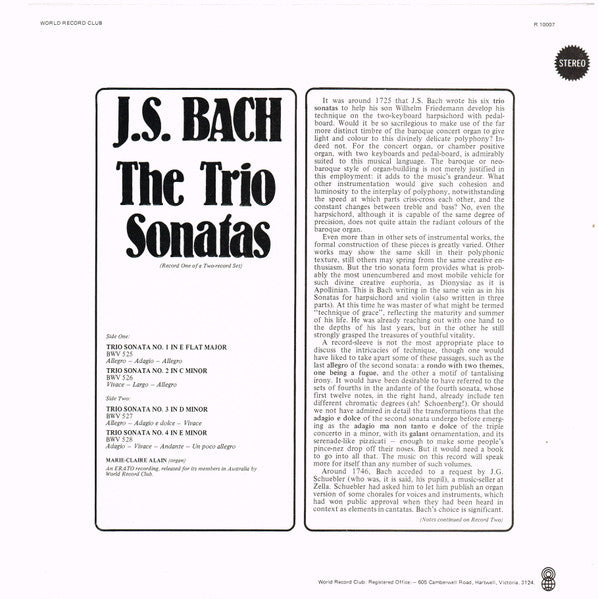 Johann Sebastian Bach : The Trio Sonatas (Record One) (LP, Album, Club, RE)
