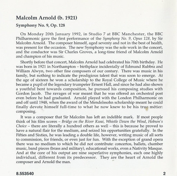 Sir Malcolm Arnold* – National Symphony Orchestra Of Ireland, Andrew Penny : Symphony No. 9 (CD)