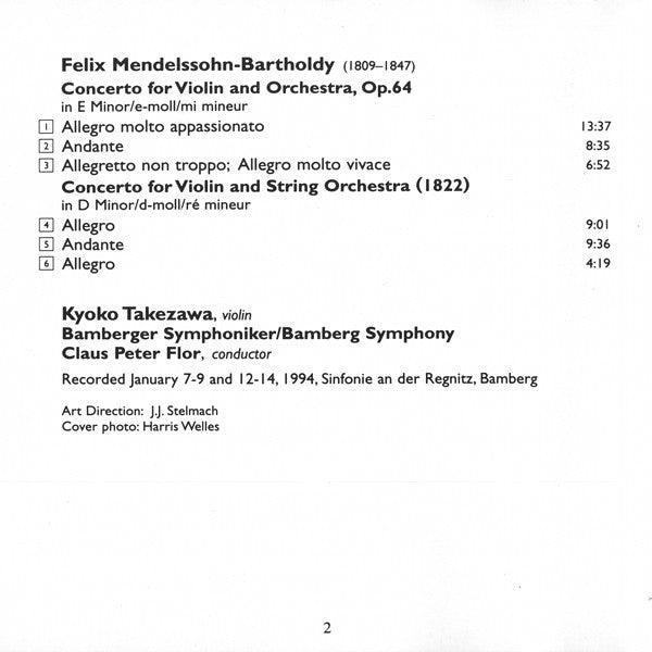 Felix Mendelssohn-Bartholdy, Kyoko Takezawa, Bamberger Symphoniker, Claus Peter Flor : Violin Concertos (CD, Album)