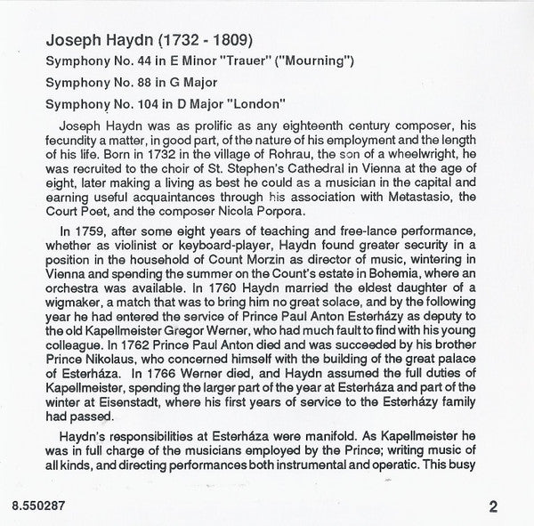 Joseph Haydn, Capella Istropolitana, Barry Wordsworth : Symphonies No. 44 'Trauer' • No. 88 • No. 104 'London' (CD)