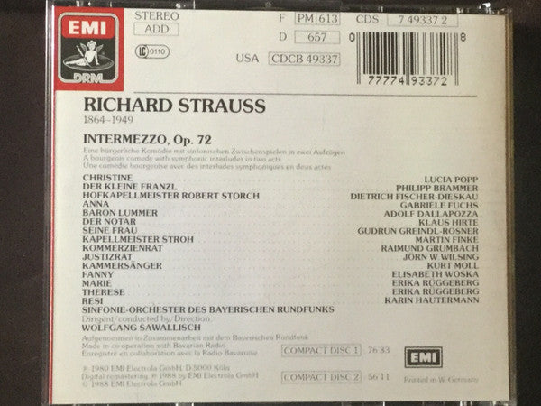 Richard Strauss — Lucia Popp • Dietrich Fischer-Dieskau • Adolf Dallapozza • Gabriele Fuchs • Martin Finke (2) • Kurt Moll • Raimund Grumbach • Klaus Hirte • Jörn Wilsing • Symphonie-Orchester Des Bayerischen Rundfunks • Wolfgang Sawallisch : Intermezzo (2xCD, RE, RM)