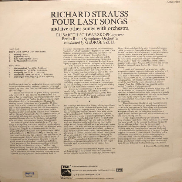 Richard Strauss / Elisabeth Schwarzkopf, George Szell, Berlin Radio Symphony Orchestra* : Four Last Songs (LP)