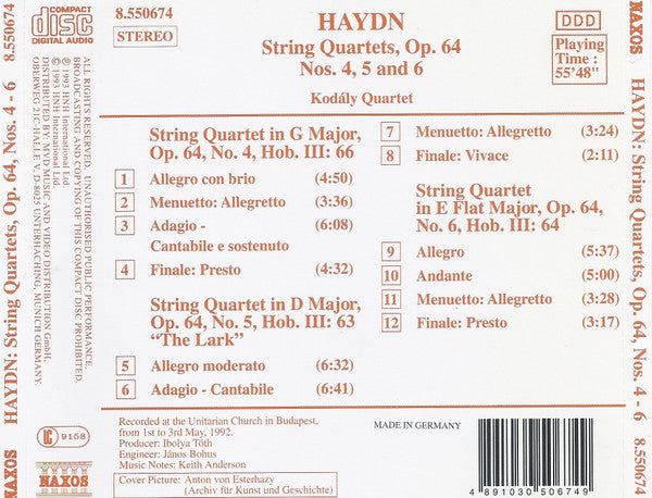 Joseph Haydn, Kodály Quartet : String Quartets Op. 64 Nos. 4, 5 "The Lark" And 6 (CD)