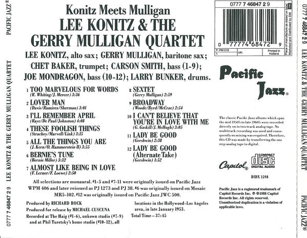 Lee Konitz & Gerry Mulligan Quartet : Konitz Meets Mulligan (CD, Album, Mono, RE, RP)