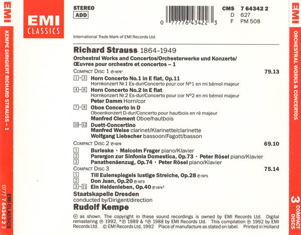 Strauss* - Kempe* : Kempe Conducts Richard Strauss - 1: Orchestral Works & Concertos (3xCD, Comp, RM)