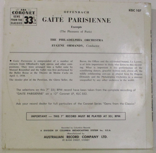 Eugene Ormandy With The Philadelphia Orchestra : Gaîté Parisienne (7", EP)