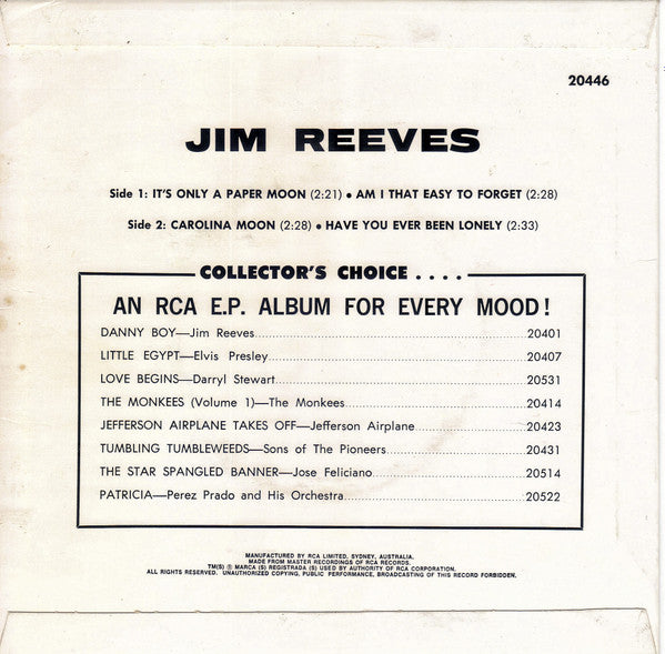 Jim Reeves : It's Only A Paper Moon (7", EP, RE)