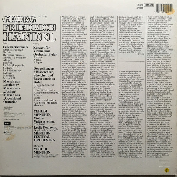 Händel*, Yehudi Menuhin, Menuhin Festival Orchestra : Feuerwerksmusik, Violinkonzert. Doppelchöriges Orchesterkonzert B-dur (LP, RE)