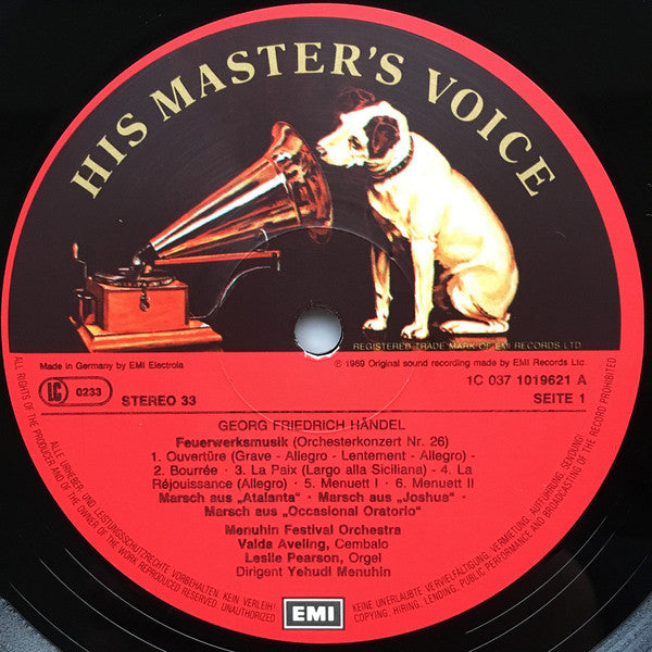 Händel*, Yehudi Menuhin, Menuhin Festival Orchestra : Feuerwerksmusik, Violinkonzert. Doppelchöriges Orchesterkonzert B-dur (LP, RE)