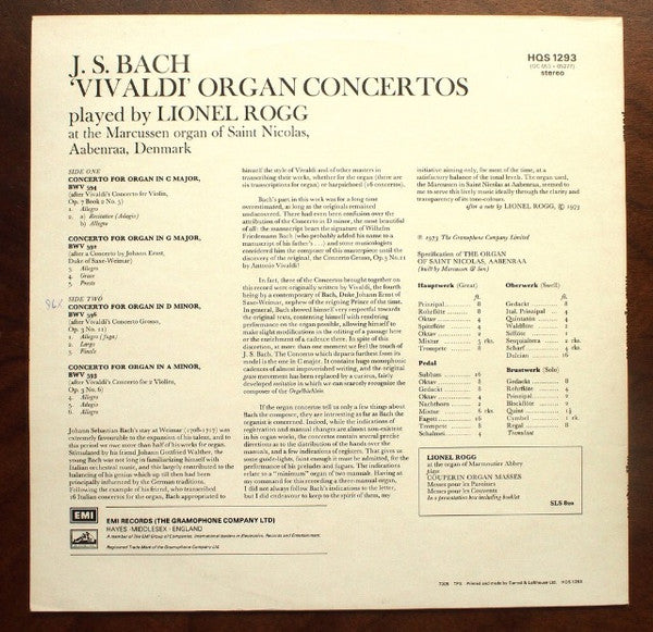 J. S. Bach*, Lionel Rogg : 'Vivaldi' Organ  Concertos (LP)