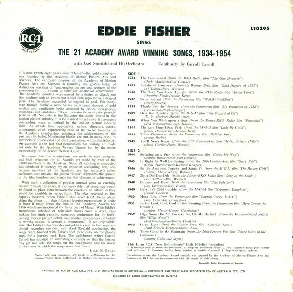 Eddie Fisher With Axel Stordahl Orchestra : Sings Academy Award Winning Songs (LP, Album, Mono)