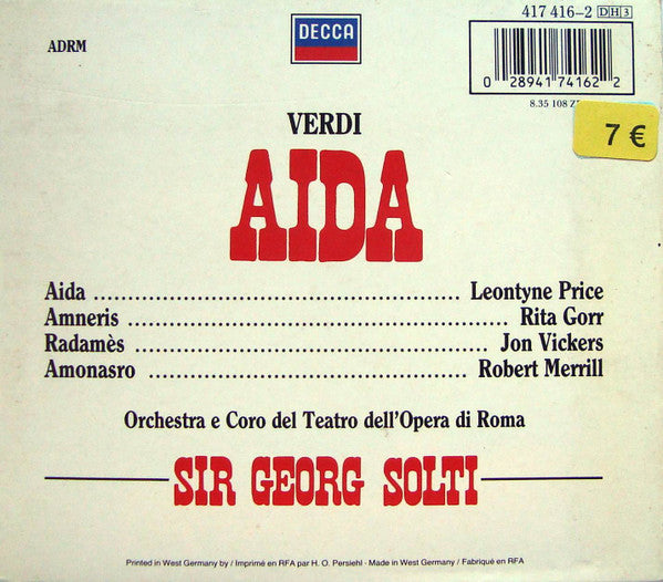 Verdi* / Price*, Vickers*, Merrill*, Orchestra* E Coro Del Teatro Dell'Opera Di Roma, Sir Georg Solti* : Aida (3xCD, Album, RE, RM + Box, Sli)