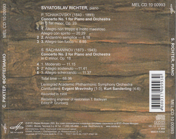 P. Tchaikovsky* = П. Чайкoвский* / S. Rachmaninov* = С. Рахманинов*, Svyatoslav Richter* = Святослав Рихтер*, Evgeni Mravinsky* = Евгений Мравинский*, Kurt Sanderling = Курт Зандерлинг* : Concerto No. 1 = Концерт Nº 1 / Concerto No. 2 = Концерт Nº 2 (CD, Comp, RE)