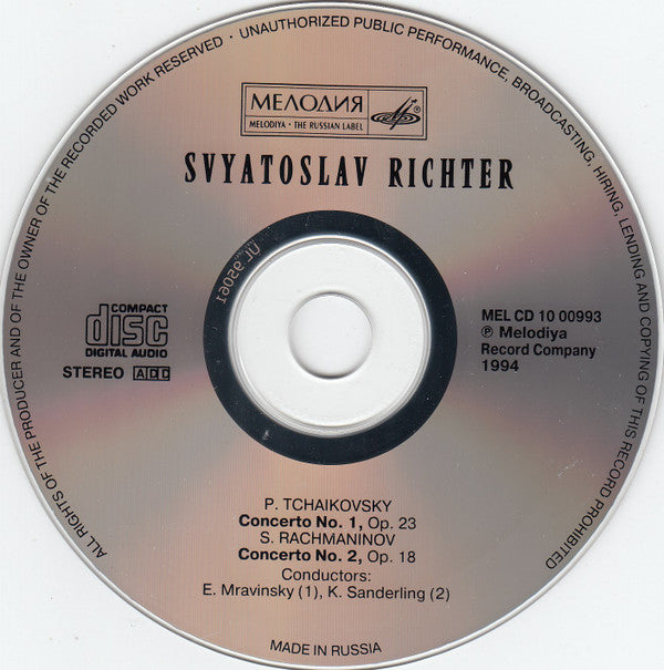 P. Tchaikovsky* = П. Чайкoвский* / S. Rachmaninov* = С. Рахманинов*, Svyatoslav Richter* = Святослав Рихтер*, Evgeni Mravinsky* = Евгений Мравинский*, Kurt Sanderling = Курт Зандерлинг* : Concerto No. 1 = Концерт Nº 1 / Concerto No. 2 = Концерт Nº 2 (CD, Comp, RE)