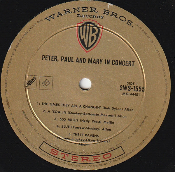 Peter, Paul & Mary : In Concert (2xLP, Album, Gol)