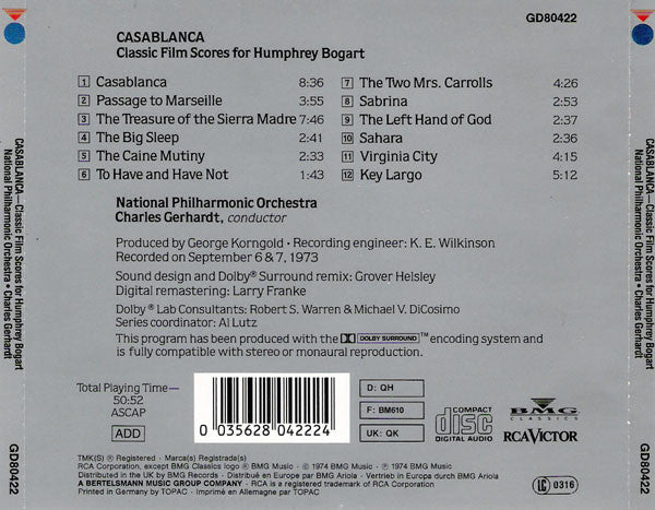 Charles Gerhardt, National Philharmonic Orchestra : Casablanca - Classic Film Scores For Humphrey Bogart (CD, Album, RE, RM, Dol)