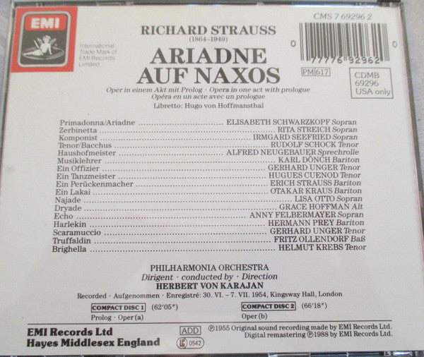 Richard Strauss - Herbert Von Karajan · Elisabeth Schwarzkopf · Rita Streich · Irmgard Seefried · Rudolf Schock · Hermann Prey · Karl Dönch · Gerhard Unger · Philharmonia Orchestra : Ariadne Auf Naxos (2xCD, Album, Mono, RE, RM)