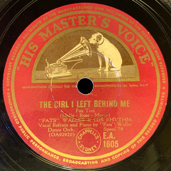 Fats Waller & His Rhythm : The Girl I Left Behind Me / I'm On A See-Saw (Shellac, 10", RE)
