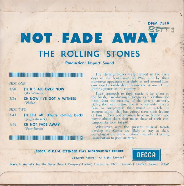 The Rolling Stones : Not Fade Away (7", EP, Mono)