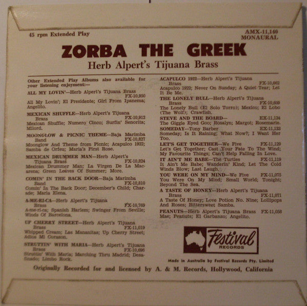 Herb Alpert & The Tijuana Brass : Zorba The Greek (7", EP, Mono, RP)