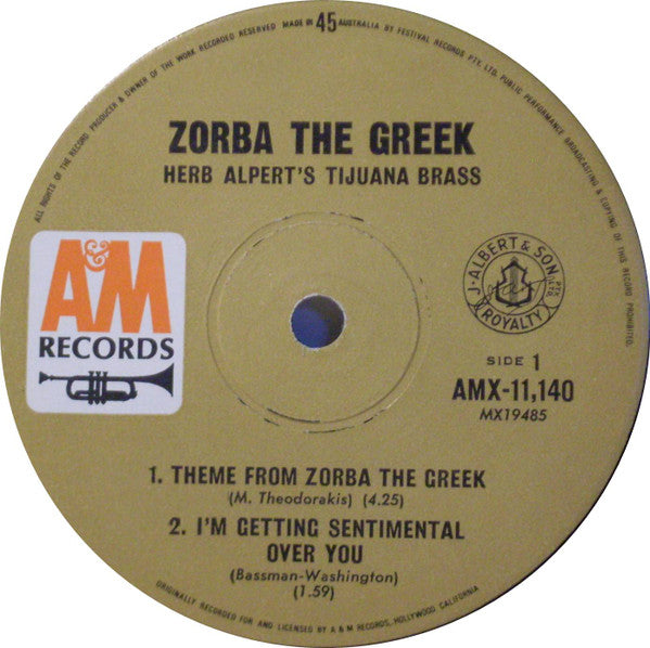 Herb Alpert & The Tijuana Brass : Zorba The Greek (7", EP, Mono, RP)
