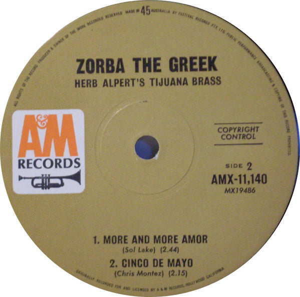 Herb Alpert & The Tijuana Brass : Zorba The Greek (7", EP, Mono, RP)