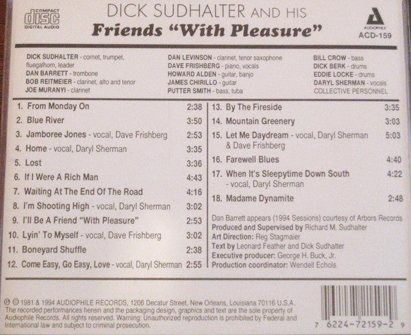 Richard M. Sudhalter Featuring Dave Frishberg And Daryl Sherman : And His Friends "With Pleasure" (CD, Album, RE)