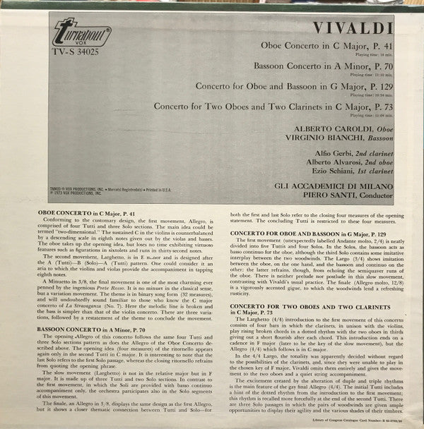 Vivaldi*, Gli Accademici Di Milano, Piero Santi : 4 Concerti (LP)