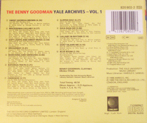 Benny Goodman Featuring Teddy Wilson, Zoot Sims, Ruby Braff, Roland Hanna, Urbie Green : The Benny Goodman Yale Archives Vol. 1 (CD, Mono, RE)