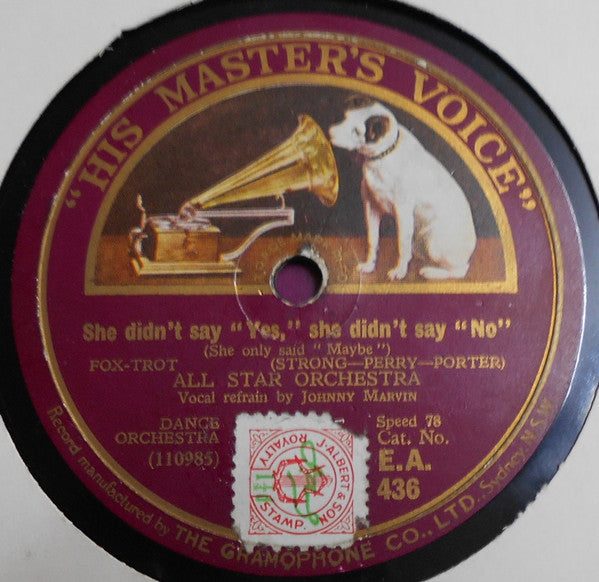 All Star Orchestra : There's A Rainbow 'Round My Shoulder / She Didn't Say "Yes," She Didn't Say "No" (Shellac, 10")
