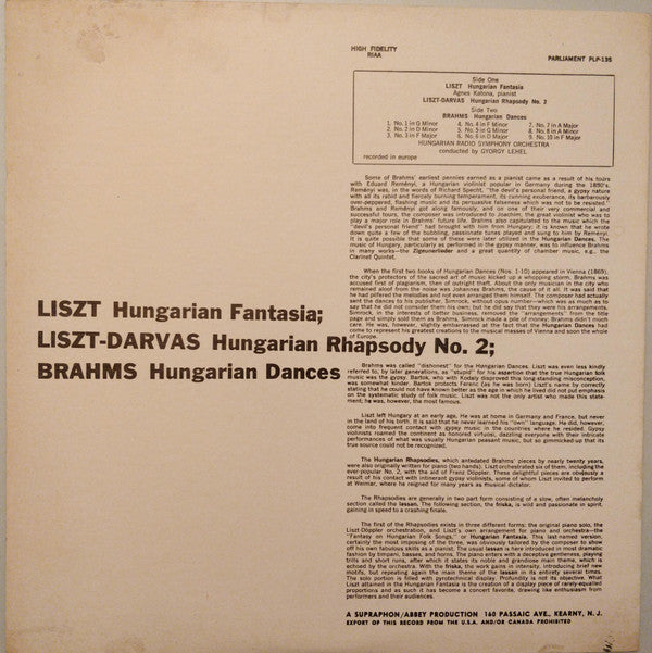 Liszt*, Brahms*, Agnes Katona : Liszt Hungarian Rhapsody No.2, Hungarian Fantasia For Piano And Orchestra, Brahms Hungarian Dances (LP)