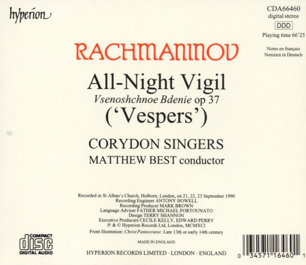 Sergei Vasilyevich Rachmaninoff / Corydon Singers, Matthew Best (2) : All-Night Vigil ('Vespers') Op 37 (CD, Album)