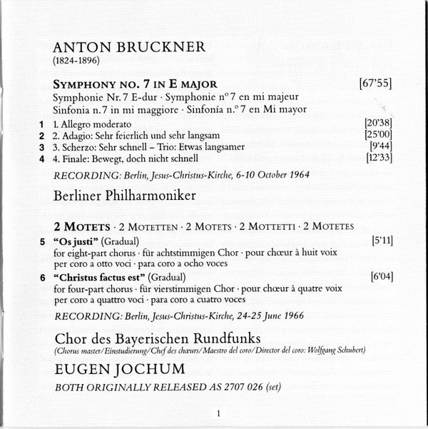 Anton Bruckner - Berliner Philharmoniker, Eugen Jochum : Symphony No. 7 · Motets: Os Justi · Christus Factus Est (CD, Comp, RM)