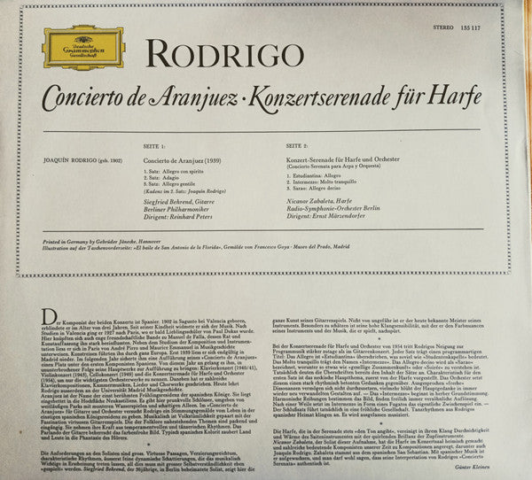 Rodrigo*, Siegfried Behrend, Nicanor Zabaleta : Concierto De Aranjuez · Konzertserenade Für Harfe (LP)